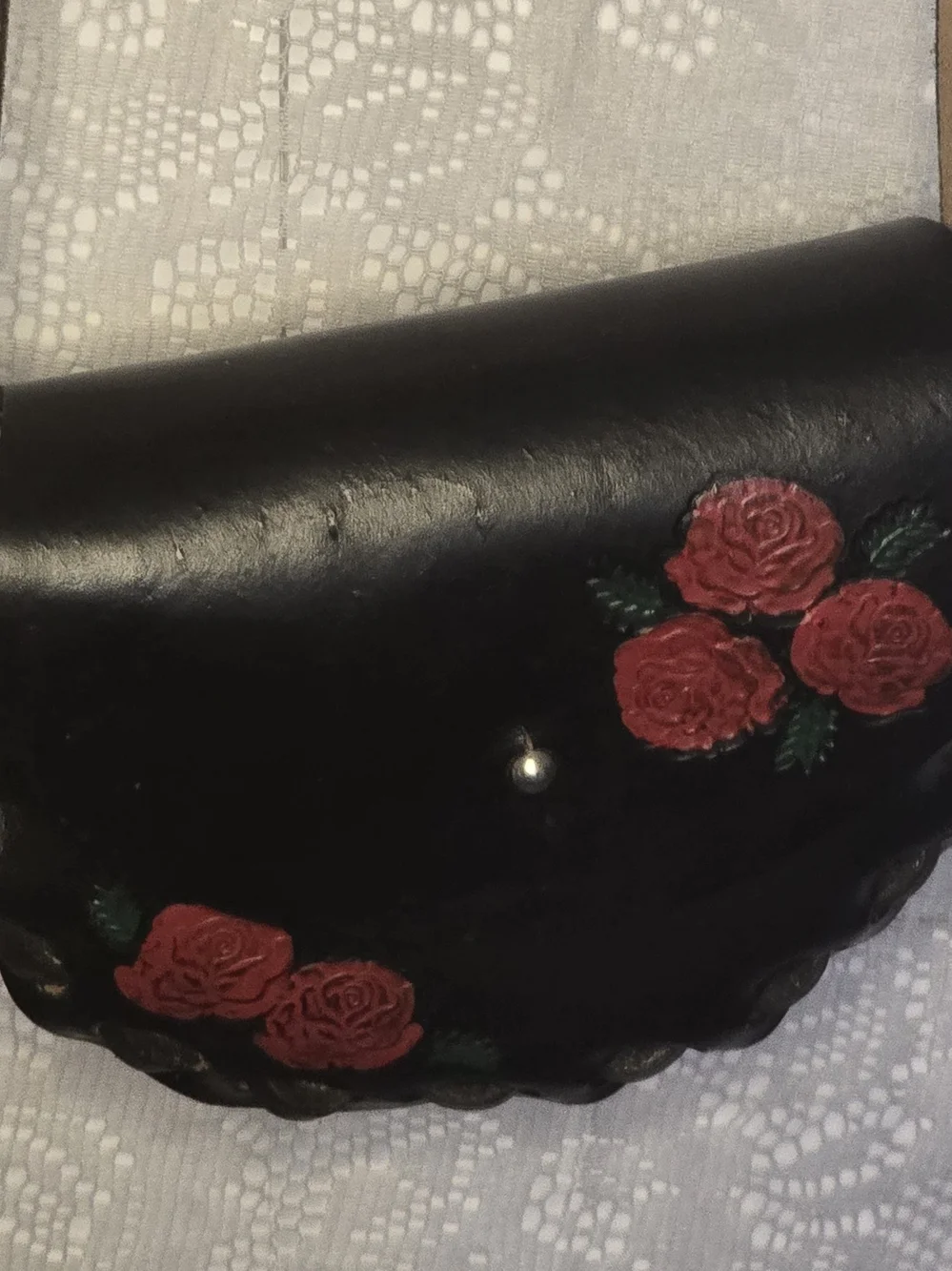 Vintage Hand Tooled Leather Rose Crossbody Bag Black Tooled Saddle Purse